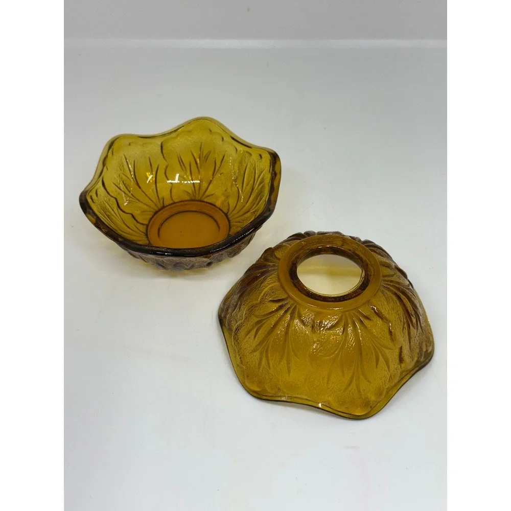 VTG Indiana Glass Fairy Lamp Amber Leaf Pattern Two Piece Votive Candle Holder